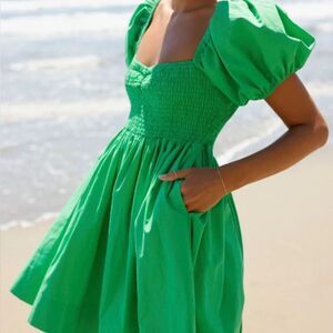 Anthropologie Mini Dress Green Cousin the Label Brac Babydoll Puff Sleeve sz XS